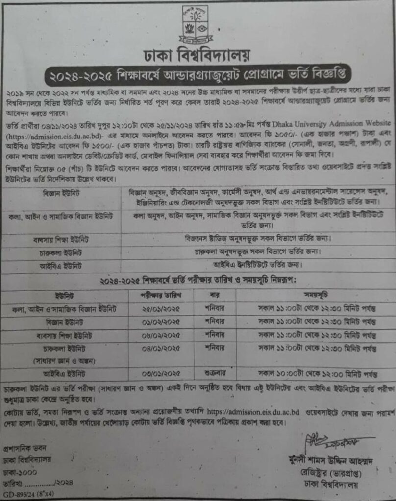 Dhaka University Admission Circular 2025