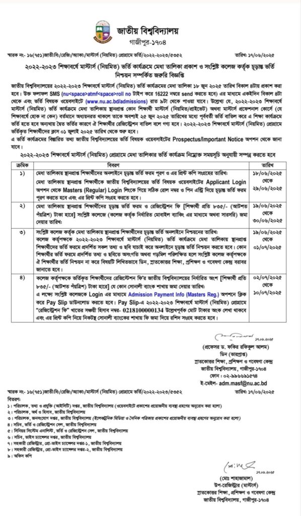 NU Masters Admission Result 1st Merit List 2025