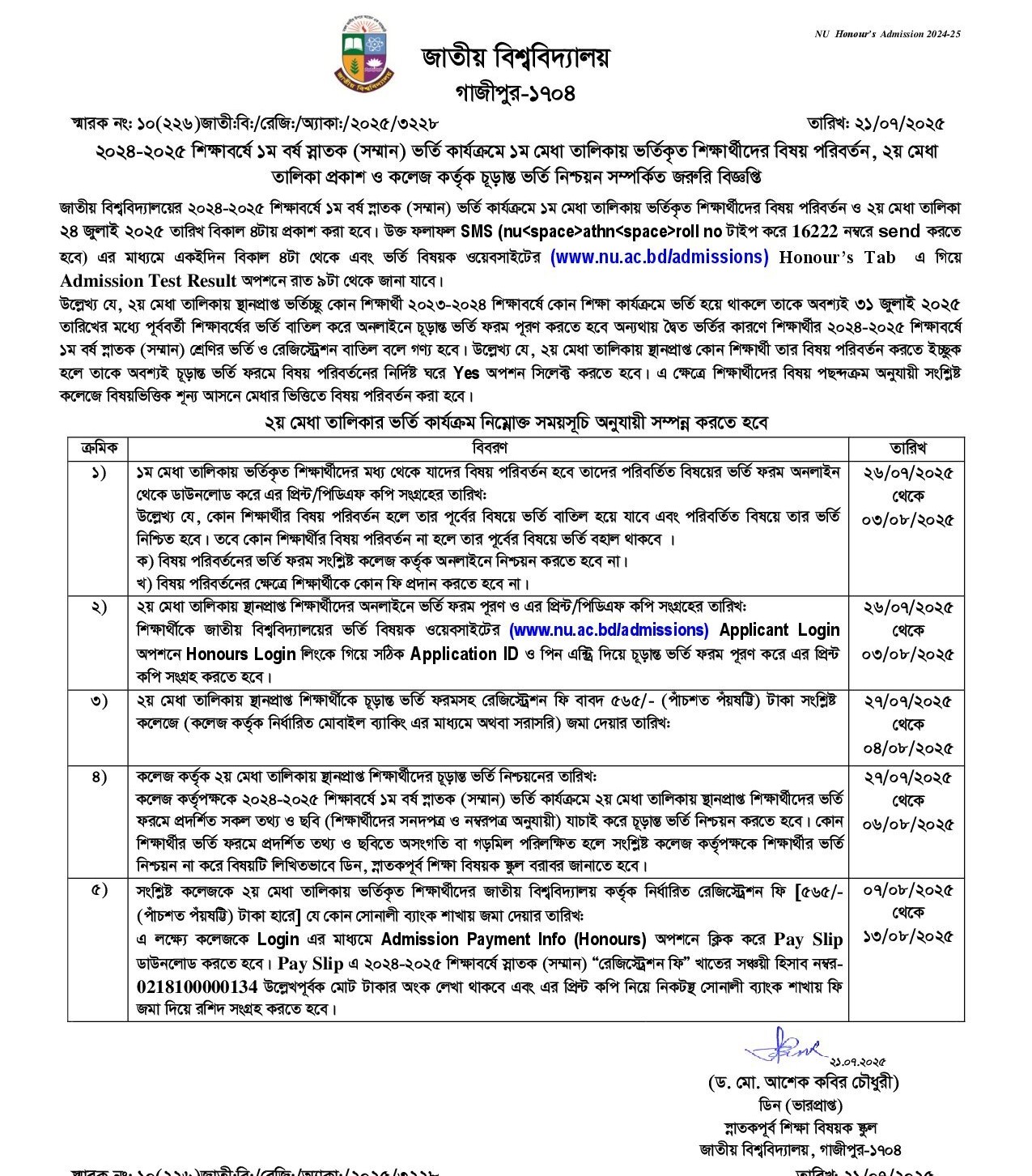 NU Honours Admission 2nd Merit List 2025