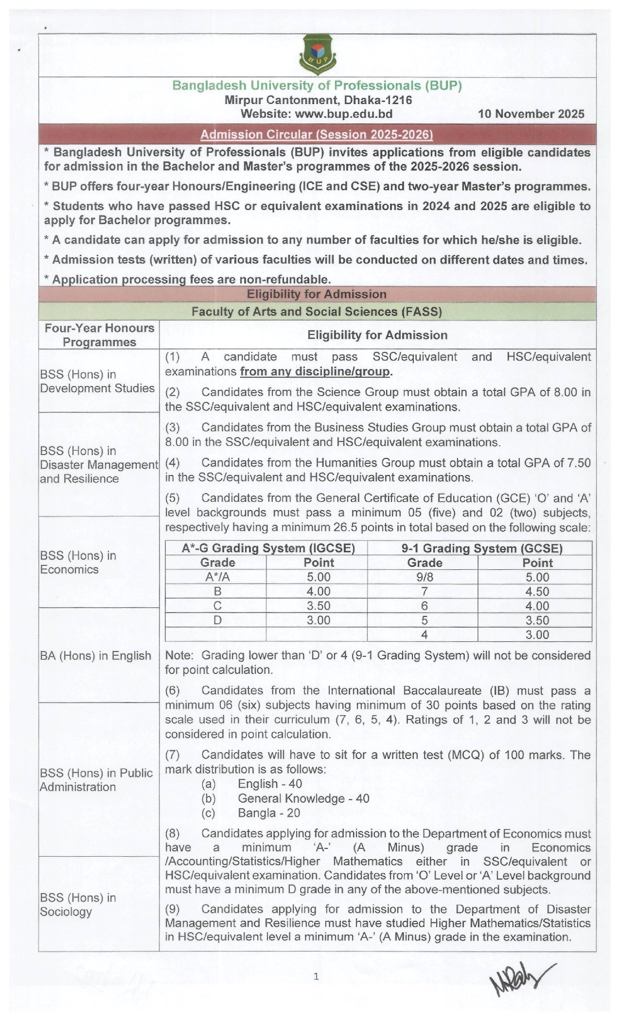 BUP Admission Circular 2026-1