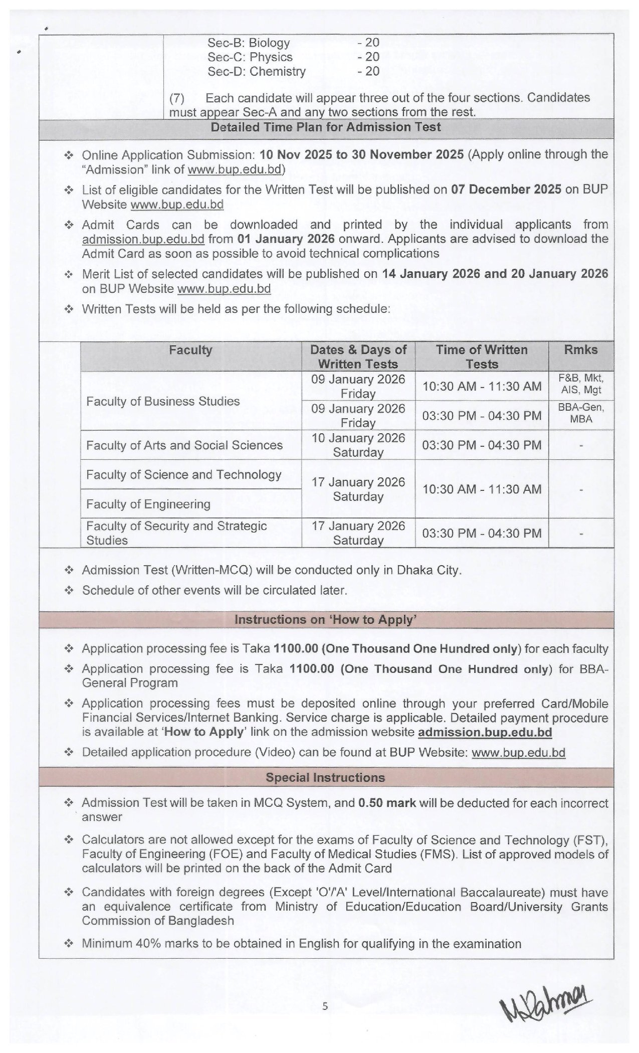 BUP Admission Circular 2026-5