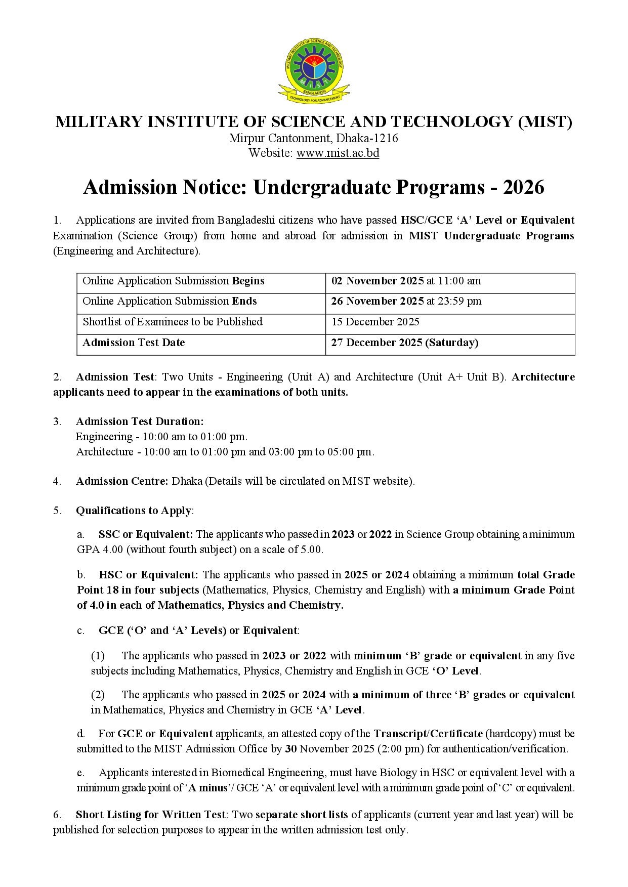 MIST Admission Circular 2026-1